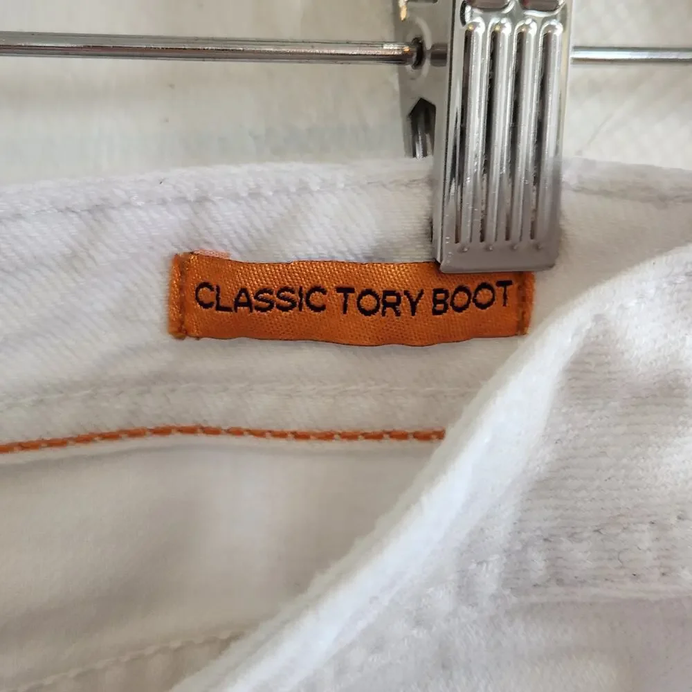 Tory Burch White Cropped Slim Boot Cut Jeans Size 28 Luxury Denim Logo Pockets